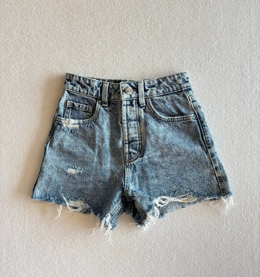 Zara Light Blue Distressed High-Waist Denim Shorts